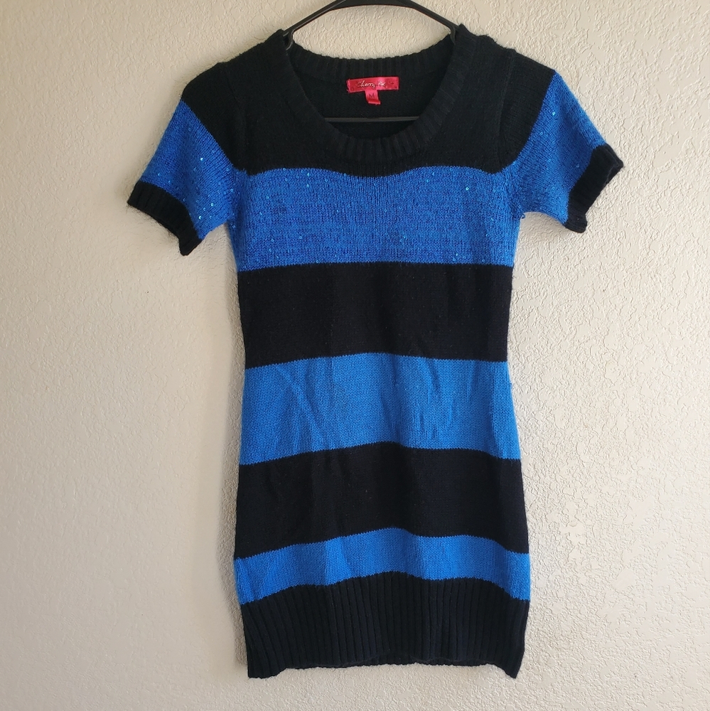 Cherry Stix Girls Sweater Dress Size M 10-12 Striped Blue‎ Black Cozy Comfy